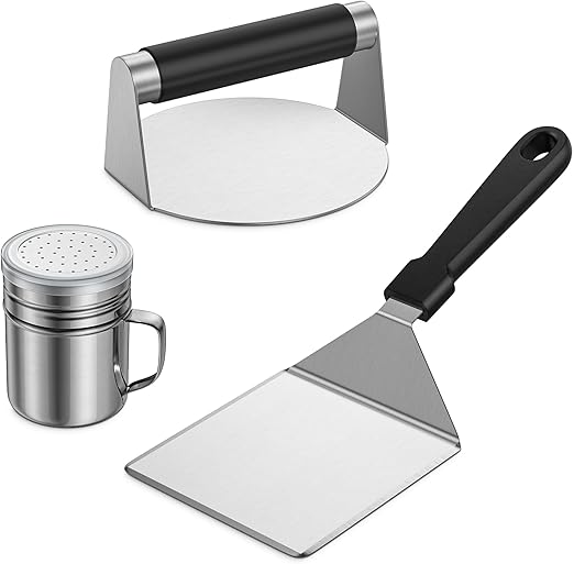 SHINESTAR Smash Burger Press Kit for Blackstone Griddle, Smash Burger Spatula for Flat Top Griddle, 6" Smash Burger Press, Seasoning Shaker Included, Stainless Steel, 3 pcs