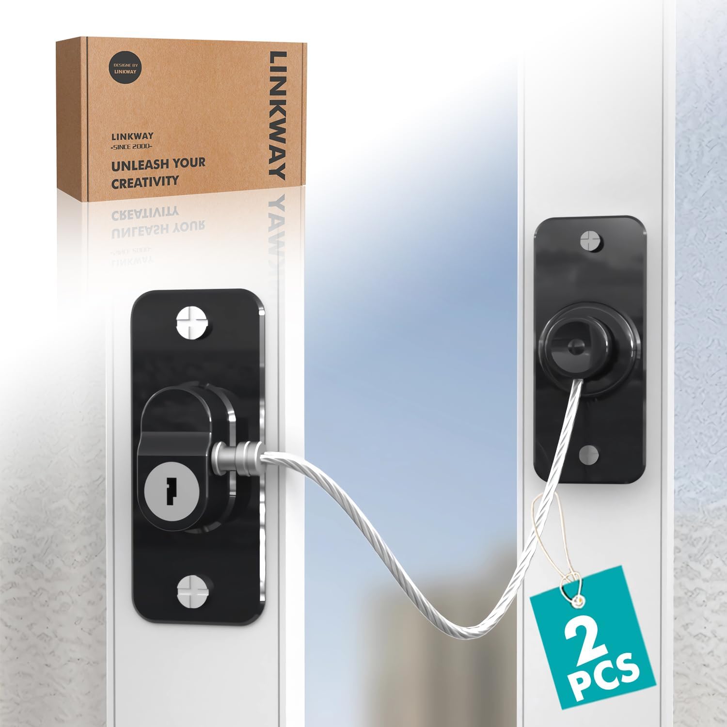 LINKWAY Pack of 2 Child Safety Window Fuses for Fridge, Cupboard, Door, Window, Lockable Adhesive Lock, Child Lock with Key, with Strong Adhesive