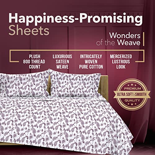 800 Thread Count 100% Cotton Sheet Paisley Queen Sheets Set, 4-Piece Long-Staple Combed Pure Cotton Printed Sheets For Bed, Breathable, Soft & Silky Sateen Weave Fits Mattress Upto 16'' Deep Pocket #TOP2