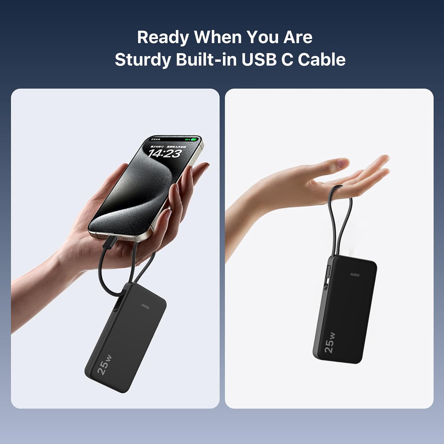 JUOVI power bank with built-in USB-C cable charging a smartphone