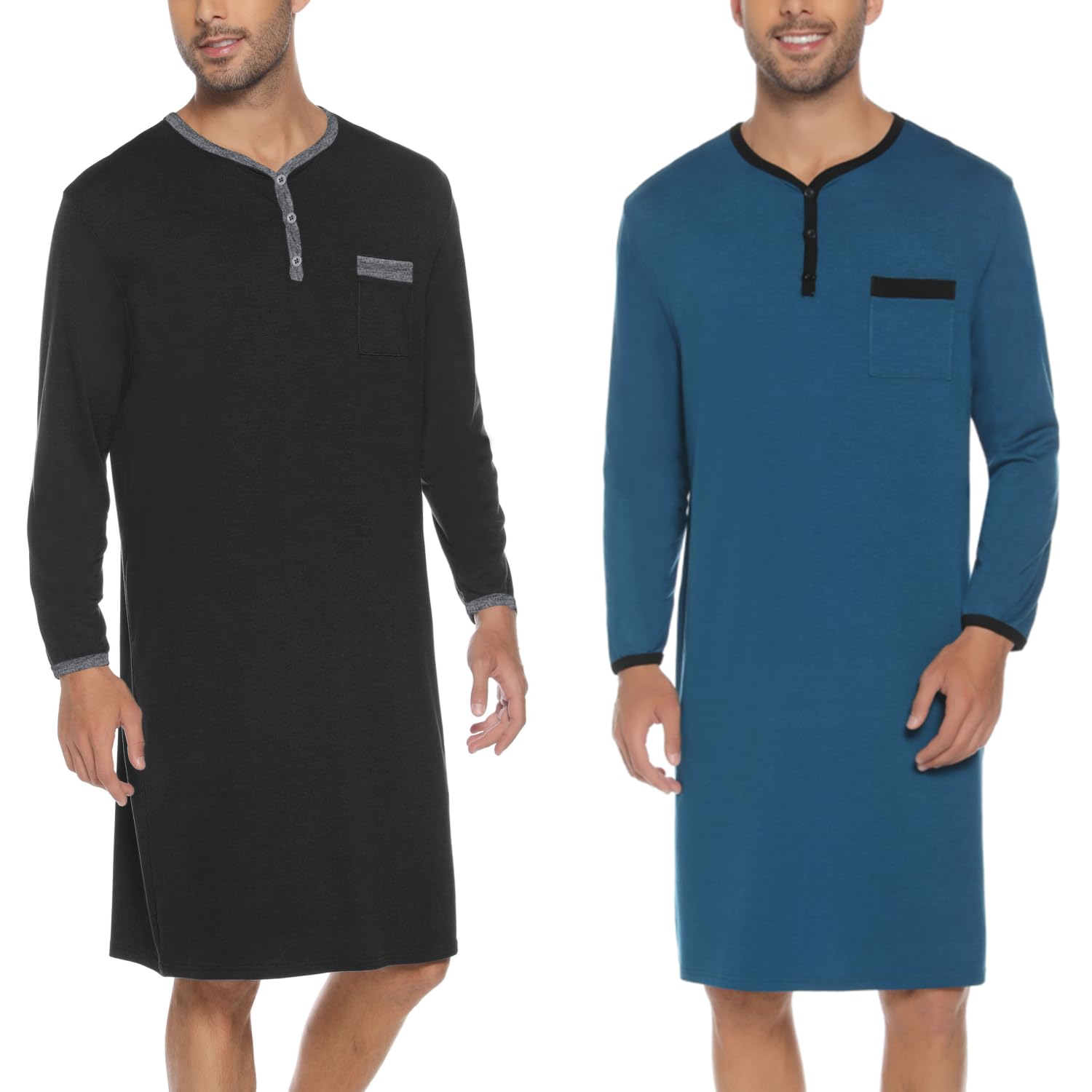 Chemise de Nuit Homme Coton Pyjama Manches Longues Manches Courtes Hauts de Pyjama Homme Tee-Shirt Long Col Rond avec Boutons Vêtements d'Intérieur T-Shirt Grande Taille Douce Confortable