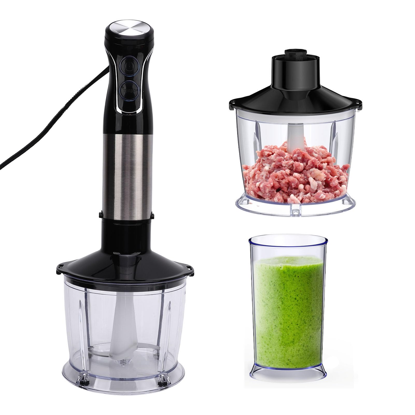 Asixxsix Zestaw Blendera Ręcznego 5 W 1, 800 W Mocny Mikser Zanurzeniowy ze Stalowym Ostrzem, szybkość Sterowania, 800 Ml Szklanki 600 Ml Chopper Bowl, (220-240V wtyczka UE 1500 W)