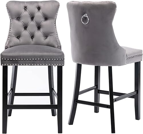 Miniatura 61 de Juego de 2 taburetes de bar de altura de mostrador, taburetes de bar con patas de madera maciza con respaldo, sillas de bar tapizadas de terciopelo