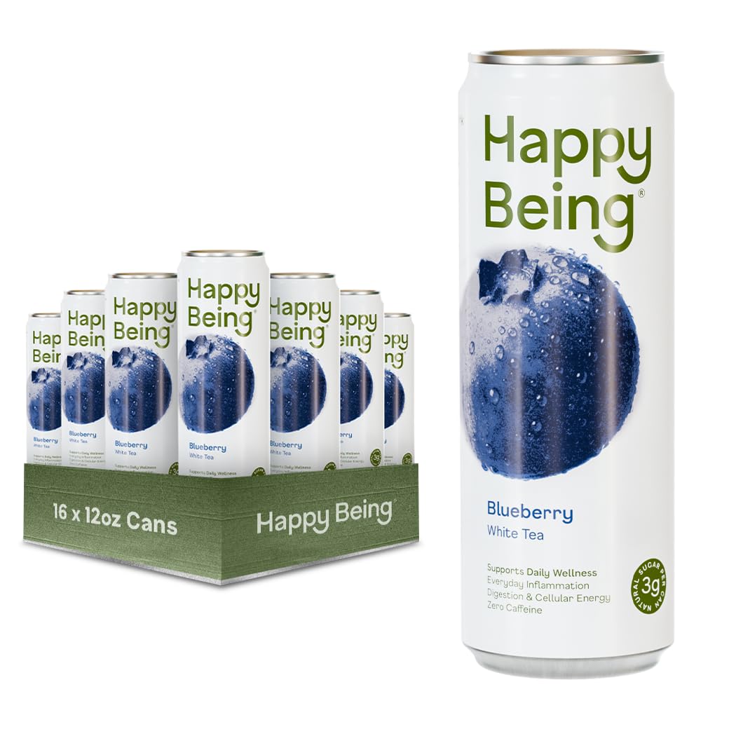 Happy Being Blueberry White Tea – Antioxidant & Polyphenol Rich, Infused with Turmeric, Elderberry, Caffeine Free, Plant-Based, Low Sugar & Low Calorie Drinks, 12oz (16 Pack)