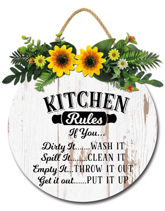 Geroclonup Funny Kitchen Rules Sign Kitchen Wall Decor 28cm Rustic Farmhouse Hanging Wood Plaque Kitchen Wall Art Home Decorations for Dining Room Wall Decor