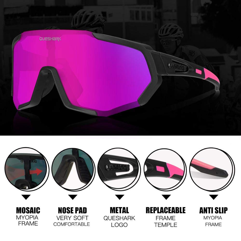 Queshark Occhiali da Ciclismo Polarizzati per Ccchiali TR90 con Montatura per Uomo Donna con 3 Lenti Intercambiabili Anti-UV400