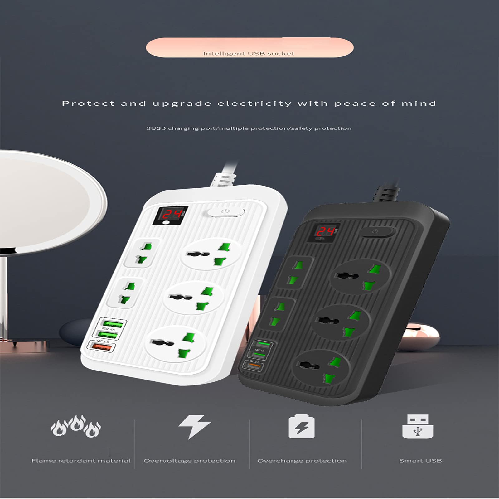 Multipresa, Multipresa Elettrica Con USB Ciabatta Con 5 Prese Elettriche E 3 Porte Di Carica USB Un Interruttore Di Controllo Con Protezione Da Sovraccorrente 3000W 16W 5V 16A Cavo 2M,Black+white