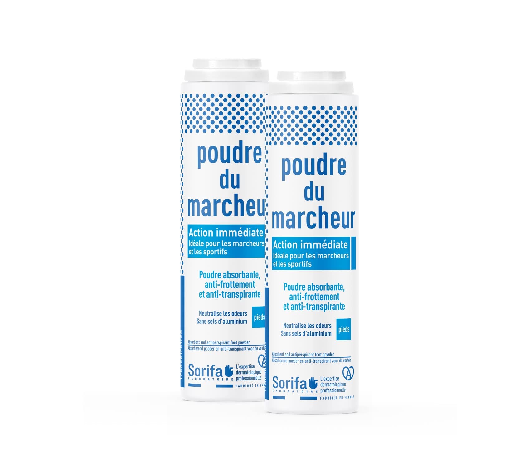 Lot de 2 - Poudre du Marcheur - Anti-transpirante - Absorbante - Pieds – Réduit la transpiration - Elimine odeurs et mycoses - Sans sels d’aluminium - Fabriqué en France - Poudreuse 100 gr