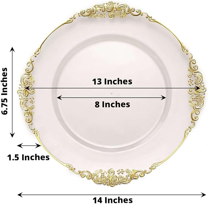Platos de Charger de 13 pulgadas - Pack de 12 - Acrílico Transparente Dorado Redondo Barroco Desechable miniatura 2