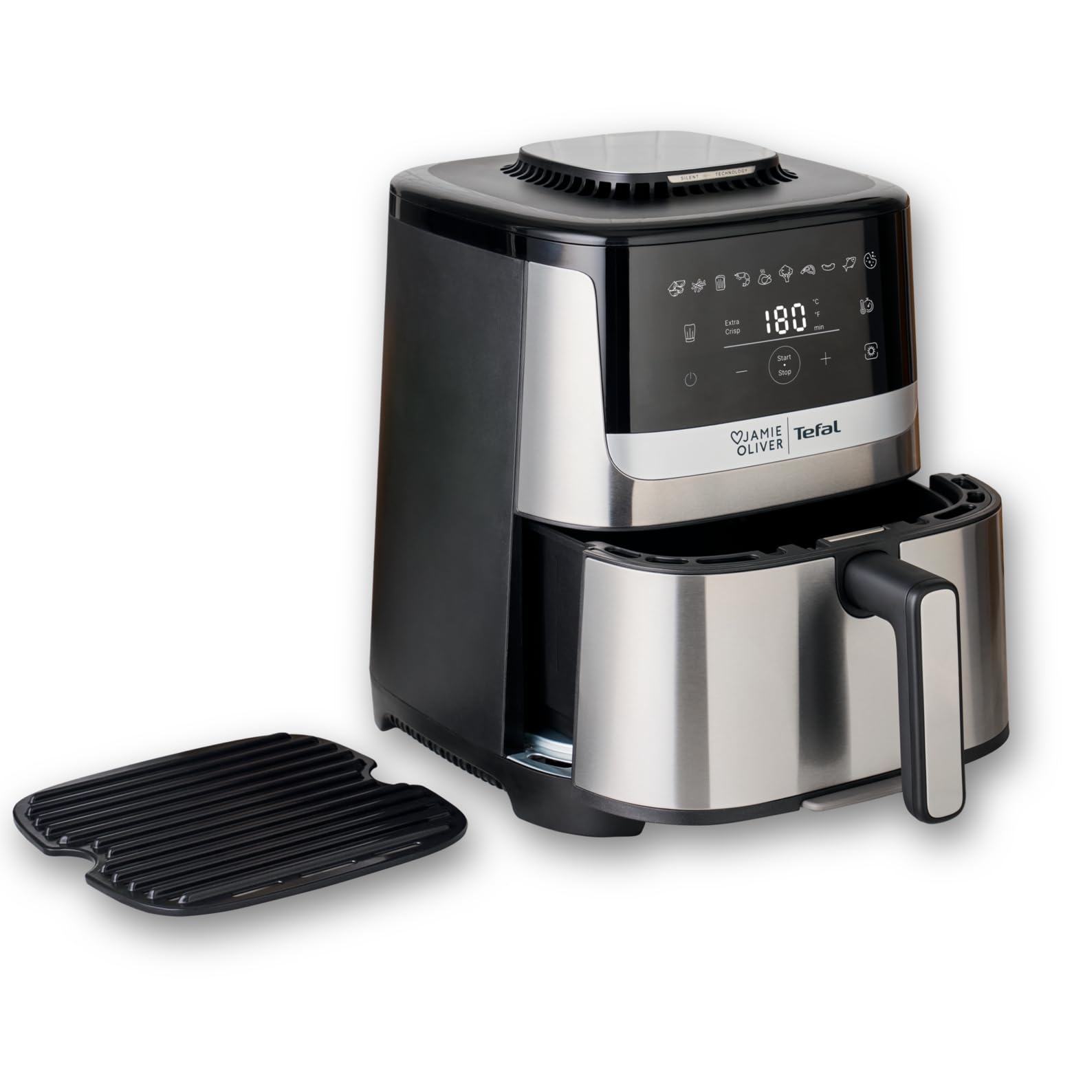 Jamie Oliver by Tefal Easy Fry Silence Deluxe Heißluftfritteuse, sehr leise, 10 voreingestellte Programme, digitaler Touchscreen, 5 l, inkl. Druckguss-Gitterrost + Deckel, Schwarz/Edelstahl, EY55JDE0