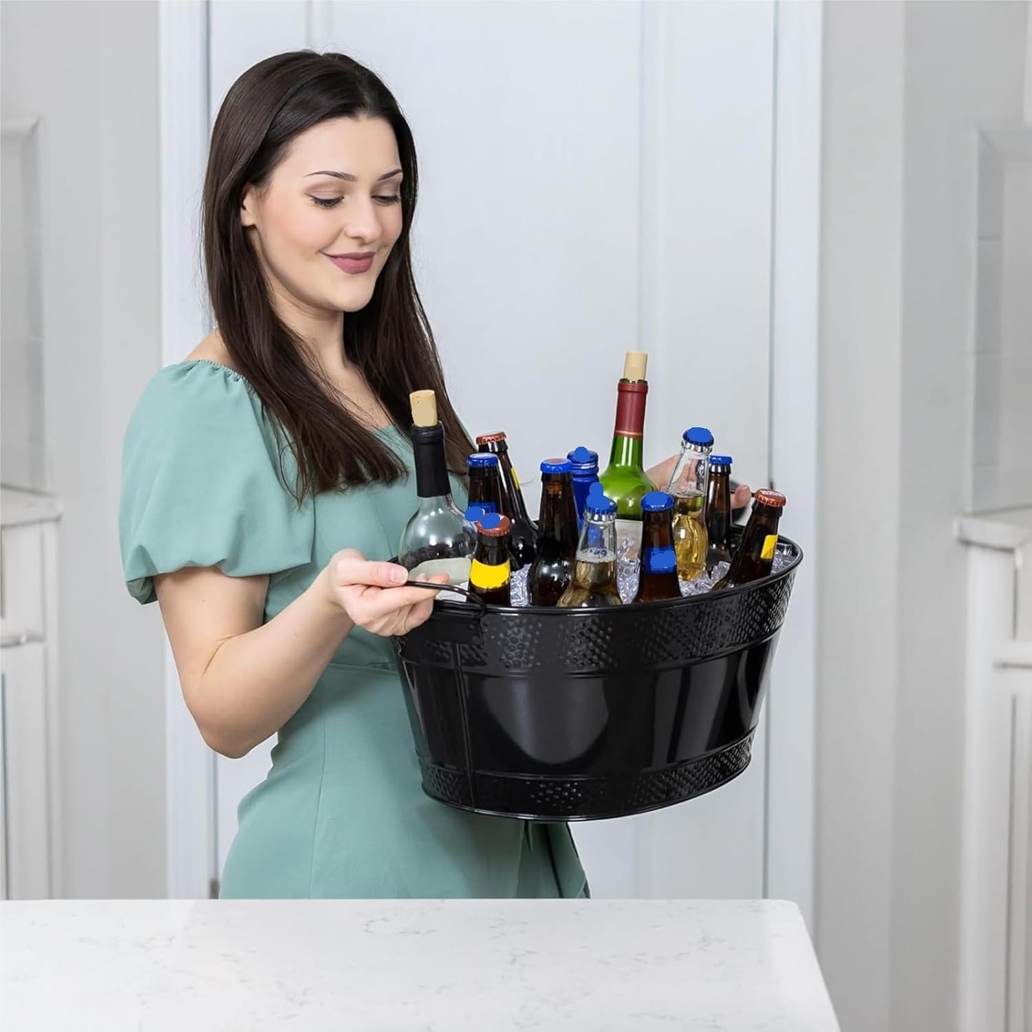 Oval Metal Ice Bucket Ice and Drink Cooler for Parties Handcrafted(Black)