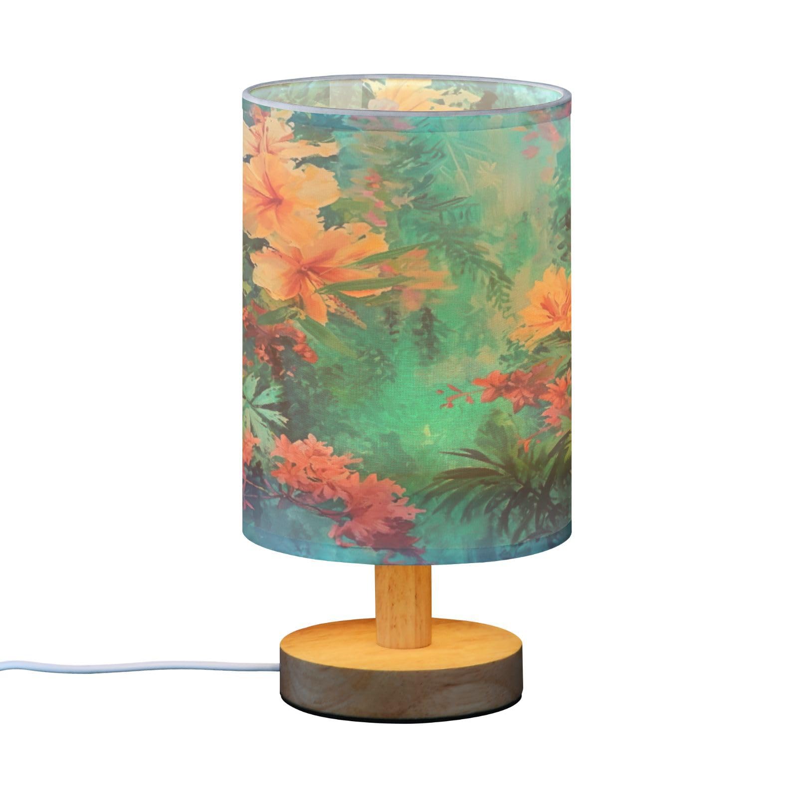 SDMKA Abstract Floral Green Bedside Table Lamp for Bedroom, Minimalist Nightstand Lamp with Round Fabric Shade for Living Room, Office, No Bulb Required