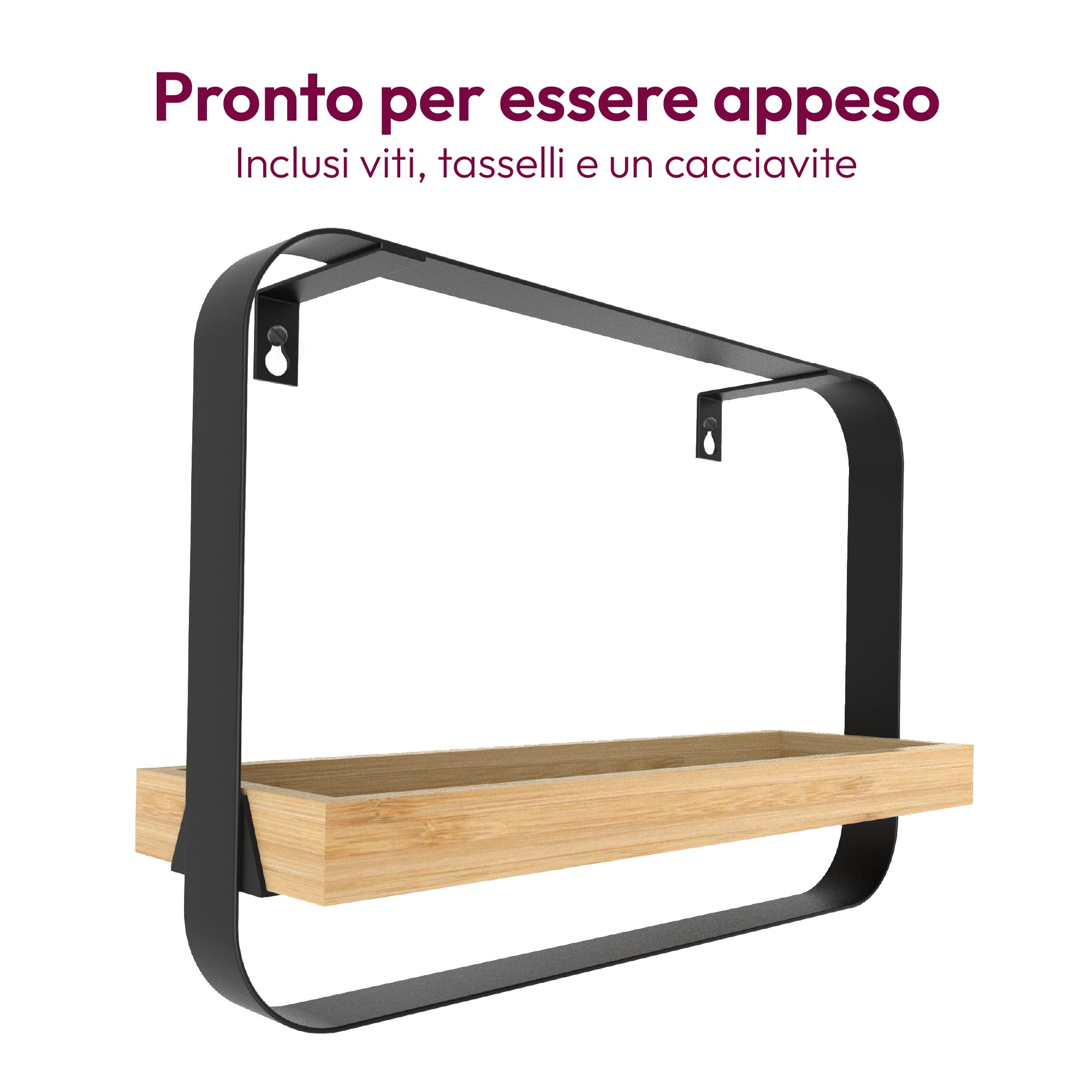 Mensola Da Parete In Bambù E Metallo - 39x26,5x10cm | Scaffale Rettangolare Per Soggiorno, Camera, Cucina - Foto 12