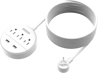 Power Bar with USB, NTONPOWER Flat Plug Power Bar, 15 ft Extra Long Extension Cord, 3 Outlet 2 USB Desktop Charging Station Wall Mount for Home, Dorm Room, Office and Nightstand - White