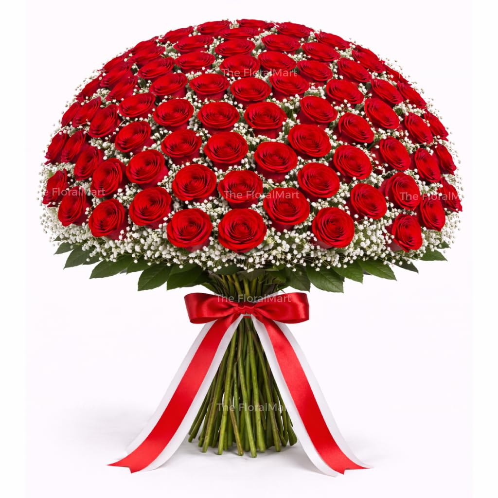 The FloralMart Fresh Flowers Bunch of 100 Red Roses Hand Tied with Ribbons with Seasonal Fillers, for Birthday Gift, Anniversary Gift, Wedding Gift, Valentines Day Gift, (Same Day Delivery)-picture-22