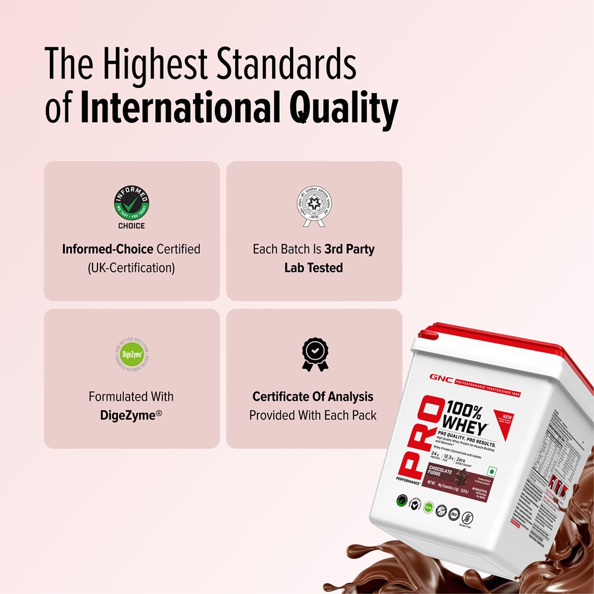 GNC Pro Performance 100% Whey Protein | New Formulation | 24g Protein, 5.7g BCAAs, 12.3g EAAs | Added DigeZyme® | Whey Isolate & Concentrate Blend, Low Carb (4.51g), No Added Sugar | Chocolate Fudge, 4kg — Amazon image 6