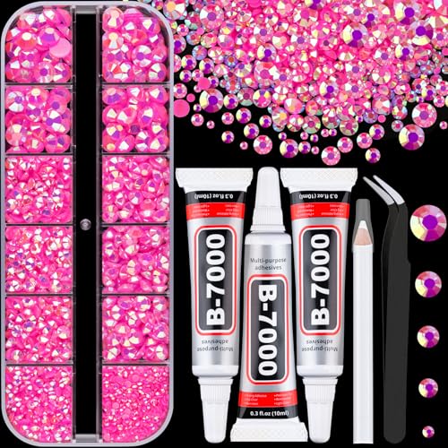 Resin Rhinestones for Crafting with 3Pcs 10ml B7000 Jewelry Glue 1 Box Hot Pink AB Flatback Gems Crystals Diamond for Bedazzling Crafts DIY Nail Art Makeup Gems for Clothing Tumblers Shoes