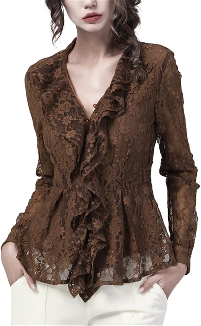 Ruffles Women Lace Blouse Spring Slimming Casual Tops Sexy Through Floral Shirts