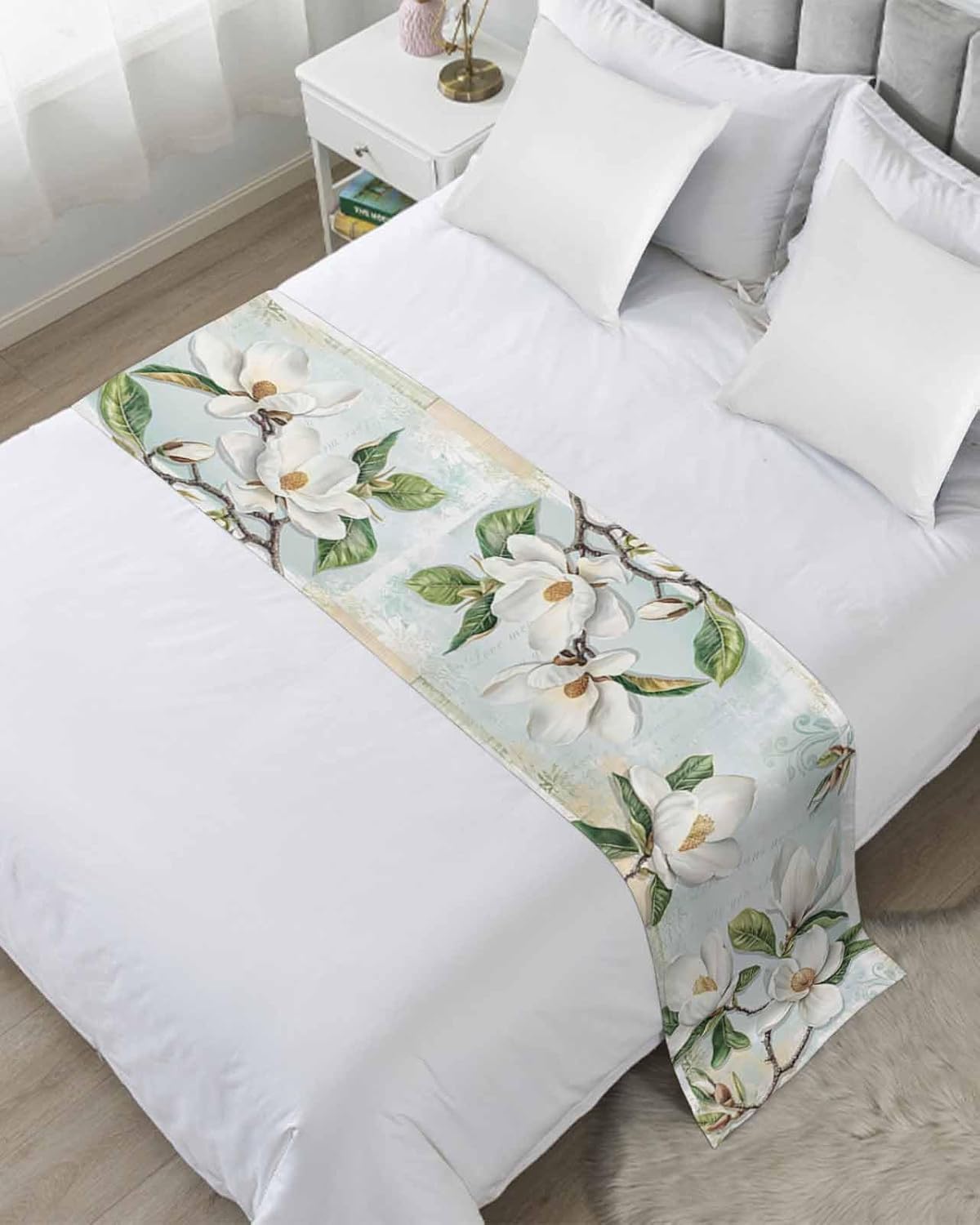 Bed Runner for Queen Size, White Floral Decorative Scarf Throws for Foot of Bed, Pastoral Farmhouse Magnolia Flowers Leaves Luxury Bedding Protector Slipcover Beds Runners for Hotel/Home, 83 x 20 Inch