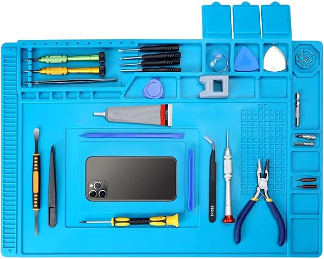 ZUKHRUF Soldering Mat Anti-Static Non-Slip Magnetic Silicone Repair Mat, 500 Heat Resistant Silicone Work Mat, Electronics Repair Pad 45x30cm Blue