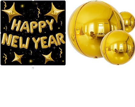 2026 Happy New Year Decorations Bundle Gold 4D Foil Balloons, 16 Inch Happy New Year Letter Balloon, Star Balloons & Ribbons, Gold Metallic Balloon Set for New Years Eve Countdown Party Decor
