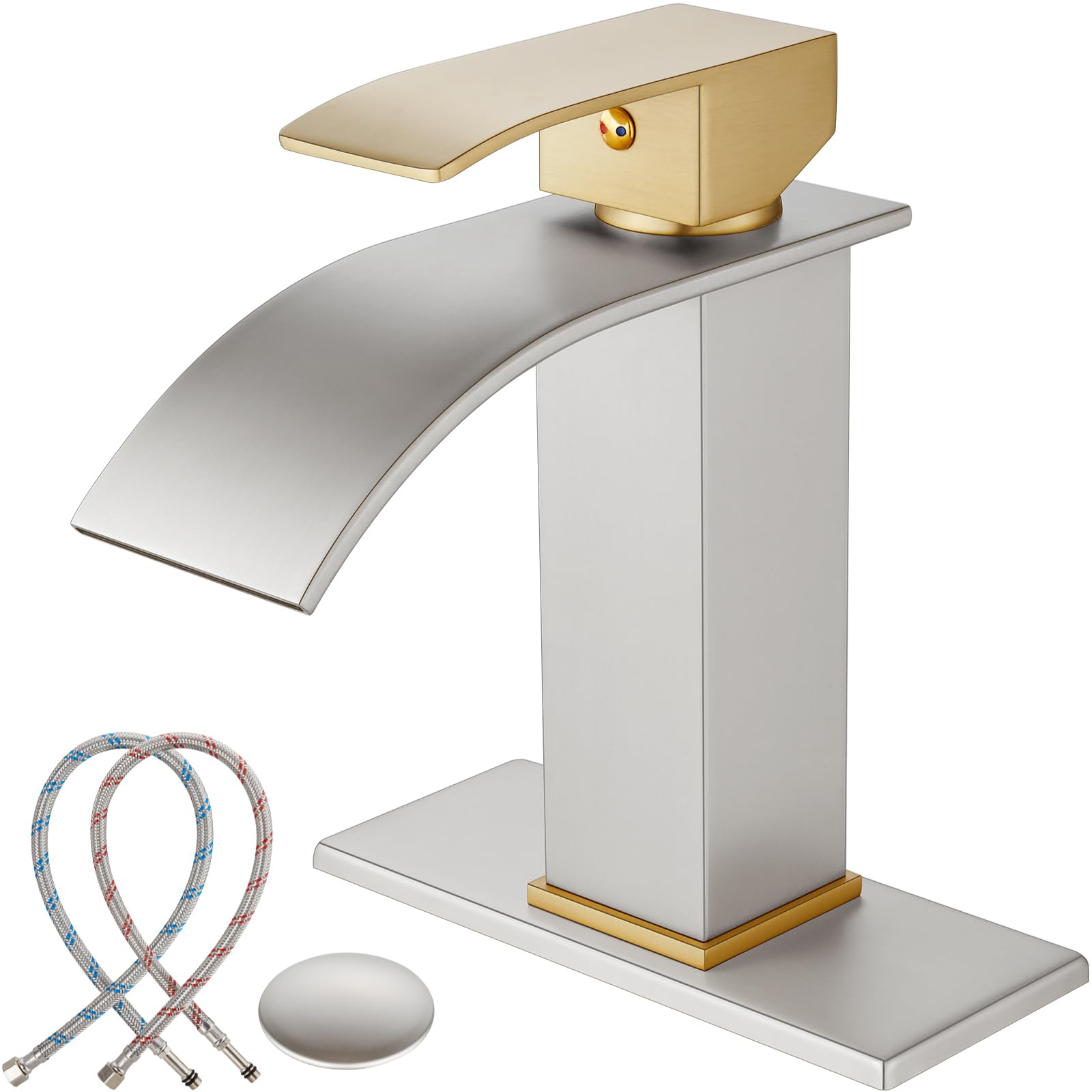 Midanya Brushed Gold Handle Brushed Nickel Bathroom Sink Faucet Waterfall Spout Single Handle 1 Hole Deck Mount Mixer Tap Lavatory Vanity Sink Faucet Commercial with Deck Plate and Pop Up Drain