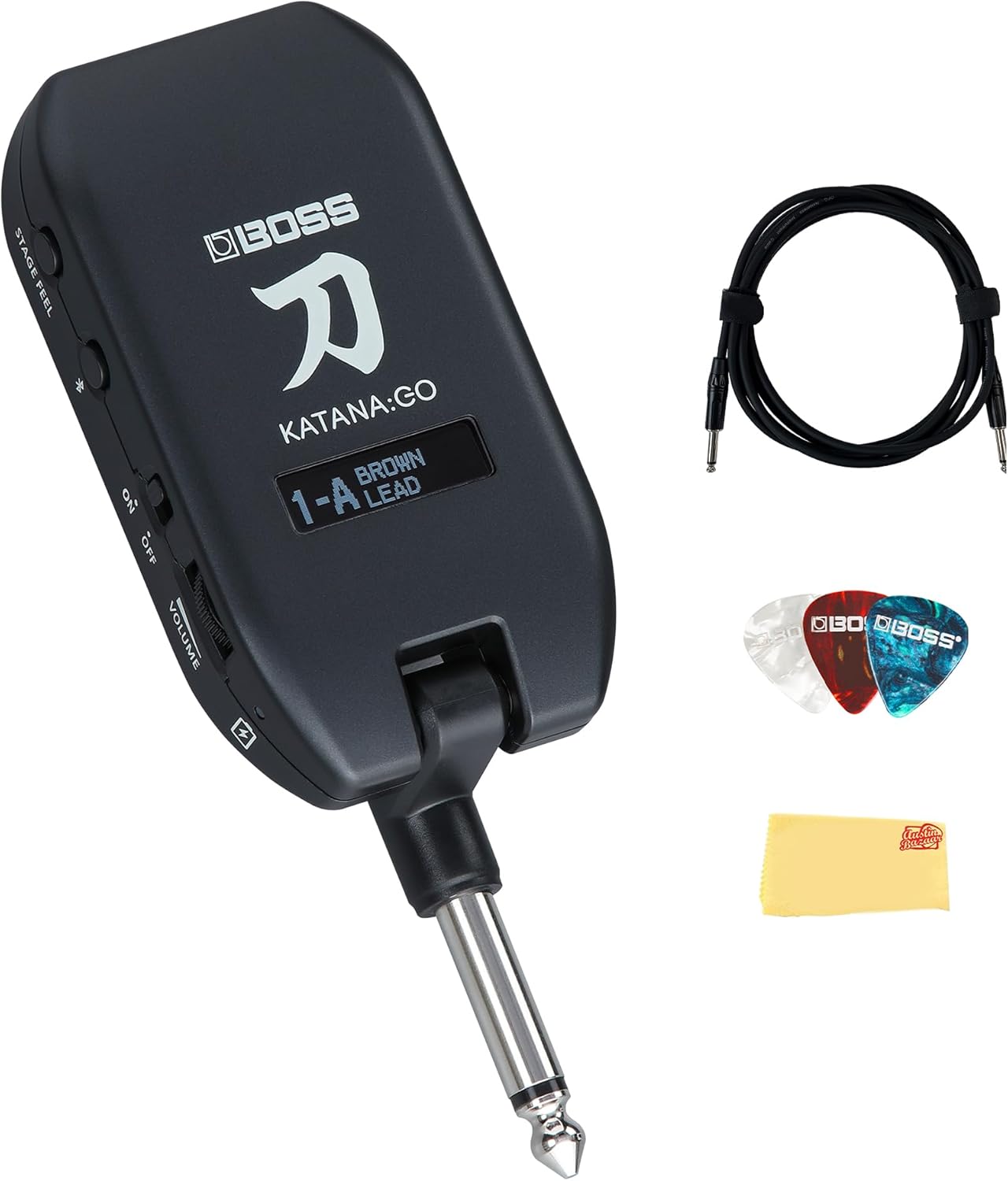 Boss Katana:GO Personal Headphone Guitar Amplifier Bundle with Gearlux Instrument Cable, Picks, and Austin Bazaar Polishing Cloth