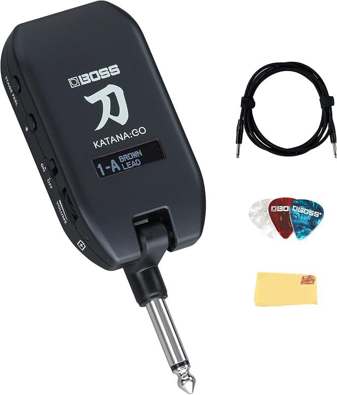 Boss Katana:GO Paquete de amplificador de guitarra para auriculares personales con cable de instrumento Gearlux, púas y paño de pulido Austin Bazaar