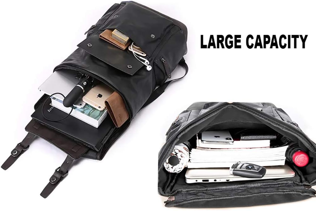 HuaChen PU Leather Laptop Backpack,Vintage Travel Rucksack for College,Large Casual Daypacks for Men - YZ11_Black