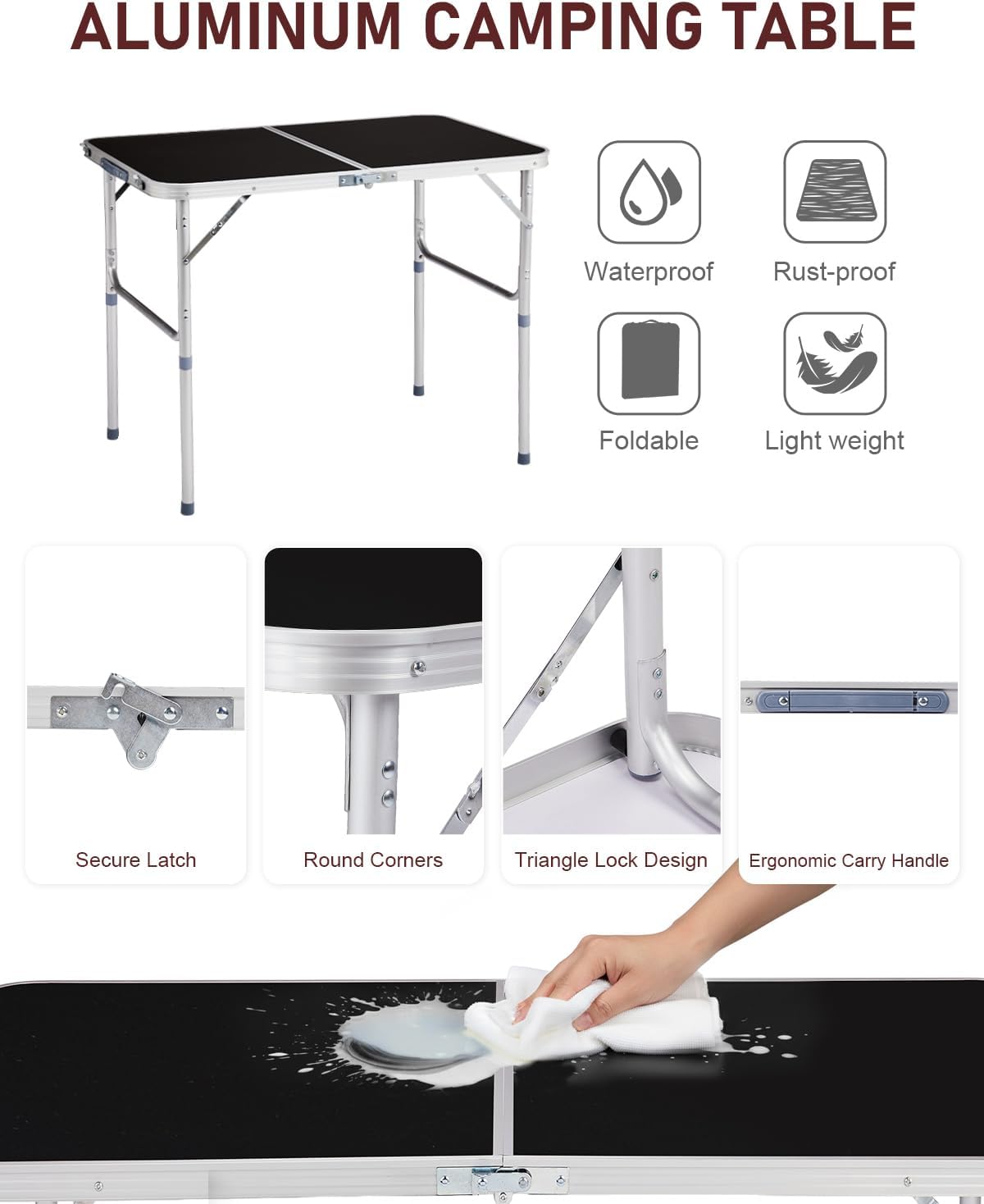 Outvita 3ft Portable Folding Camping Table, Outdoor Waterproof Adjustable Height Table, Aluminum Lightweight Suitcase Foldable Table for Picnic BBQ Beach Dining
