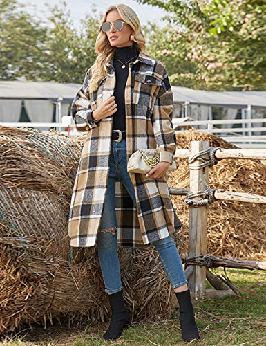 PUWEI Women's Casual Lapel Button Down Long Plaid Shirt Coat Tartan Shacket Jacket3