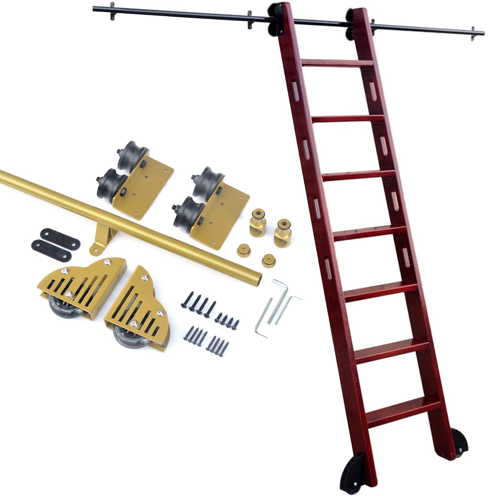 DONGGANSHI Heavy Duty Sliding Ladder Hardware Kit 100-732CM Track Full Set Gold Finish Ideal for Bookshelf Cabinets Kitchen Mobile Ladder Rail Rolling System Easy to Install(12ft/366cm Track kit)