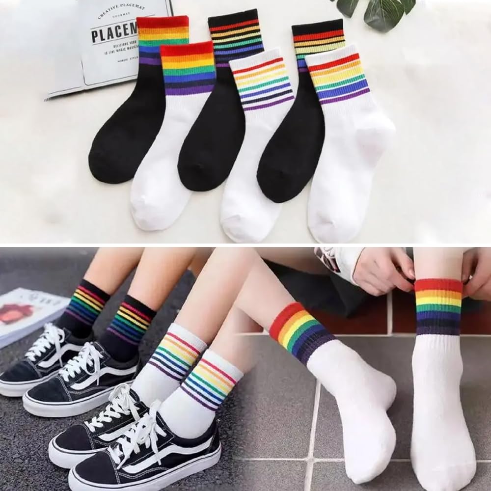 Skarpety z tęczą, 6 par skarpet ze wzorem, bawełna LGBT, skarpety damskie, kolorowe paski, tęczowe dla mężczyzn i kobiet, w paski, Pride Month Gay, skarpety do LGTBQ, biały, czarny., 35-41 EU