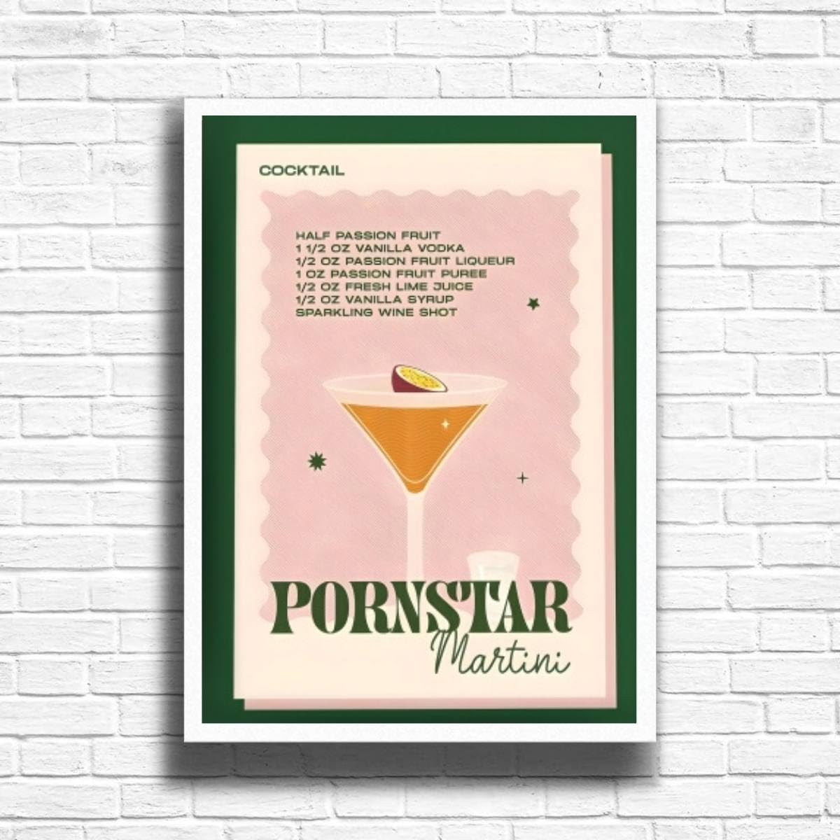PornstarMartini - Vintage Cocktail Print, Home Bar Art Display - Retro Bar Decor for Home, Kitchen, Lounge - Ideal Poster for Cocktail Lovers, A4 A3 Home Decoration Wall Art Deco (A3 Framed (White))