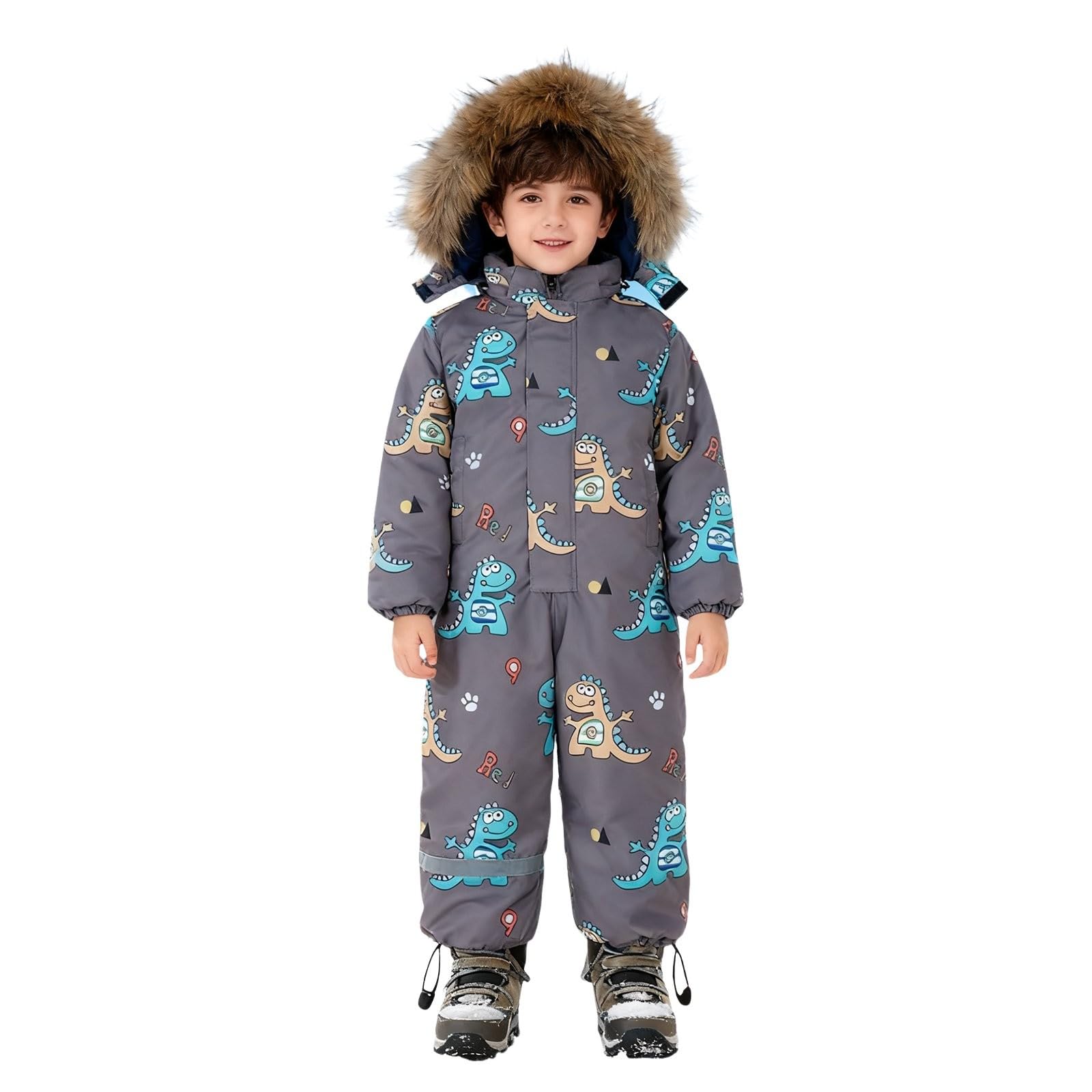 Mono de invierno para niños con capucha, unisex, traje de esquí con estampado de dinosaurios, traje de nieve, resistente al viento, impermeable, cálido, mono de nieve, cierre de cremallera, traje de