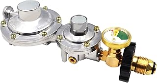 Vertical 2 Stage Propane Regulator with POL and Gauge, Two Stage Propane Regulator Standard 3/8 Female NPT Connection, Double Stage Regulator for 20-100lb Tank，Gas Grill, RV, Propane Heater