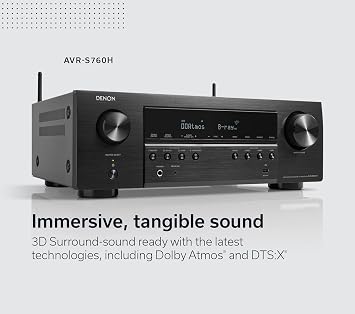 Denon AVR-S760H 7.2 Ch AVR - 75 W/Ch (2021 Model), Advanced 8K Upscaling, Dolby Atmos Height Virtualization, DTS Virtual:X & More, Built-in HEOS, Amazon Alexa Voice Control