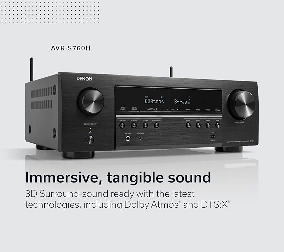 Denon AVR-S760H 7.2 Ch AVR - 75 W/Ch (2021 Model), Advanced 8K Upscaling, Dolby Atmos Height Virtualization, DTS Virtual:X & More, Built-in HEOS, Amazon Alexa Voice Control
