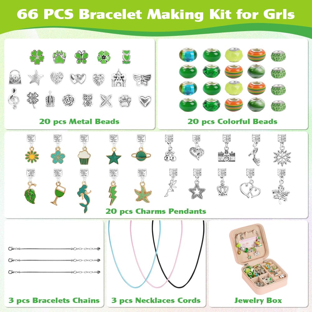 AUAUY Kit per realizzare braccialetti per ragazza, 66 perline verdi, regalo per bambini dai 5 ai 12 anni, giocattoli artigianali natalizi