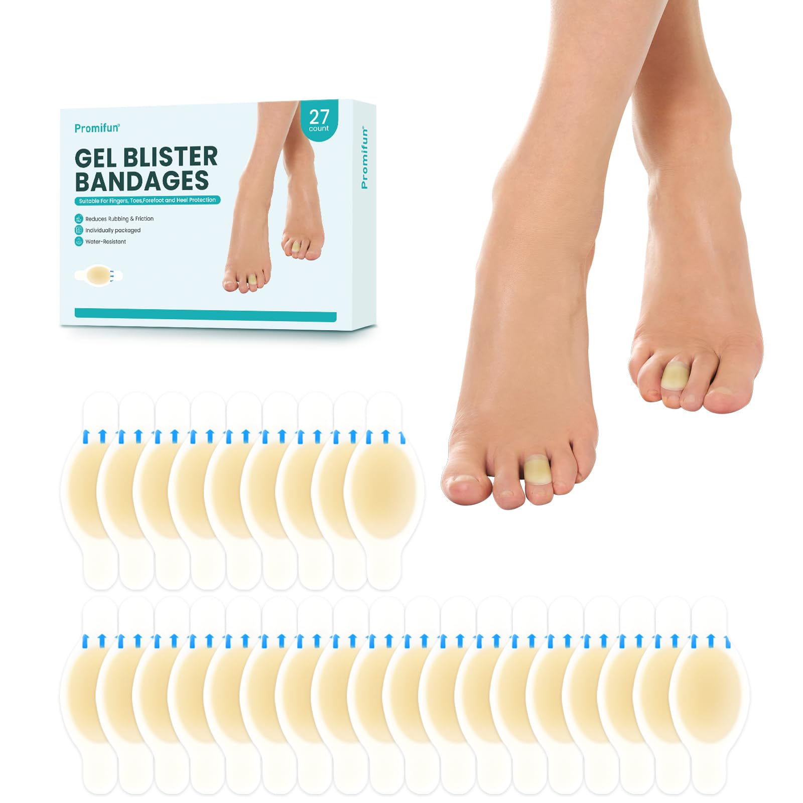 Hydrocolloid Gel Blister Bandages Pads - Promifun Blister Cushions - Water Resistant Hydrocolloid Bandage for Foot, Toe, Heel - Gel Blister Bandages for Prevention &amp; Recovery (27 ct, Toe Pack)