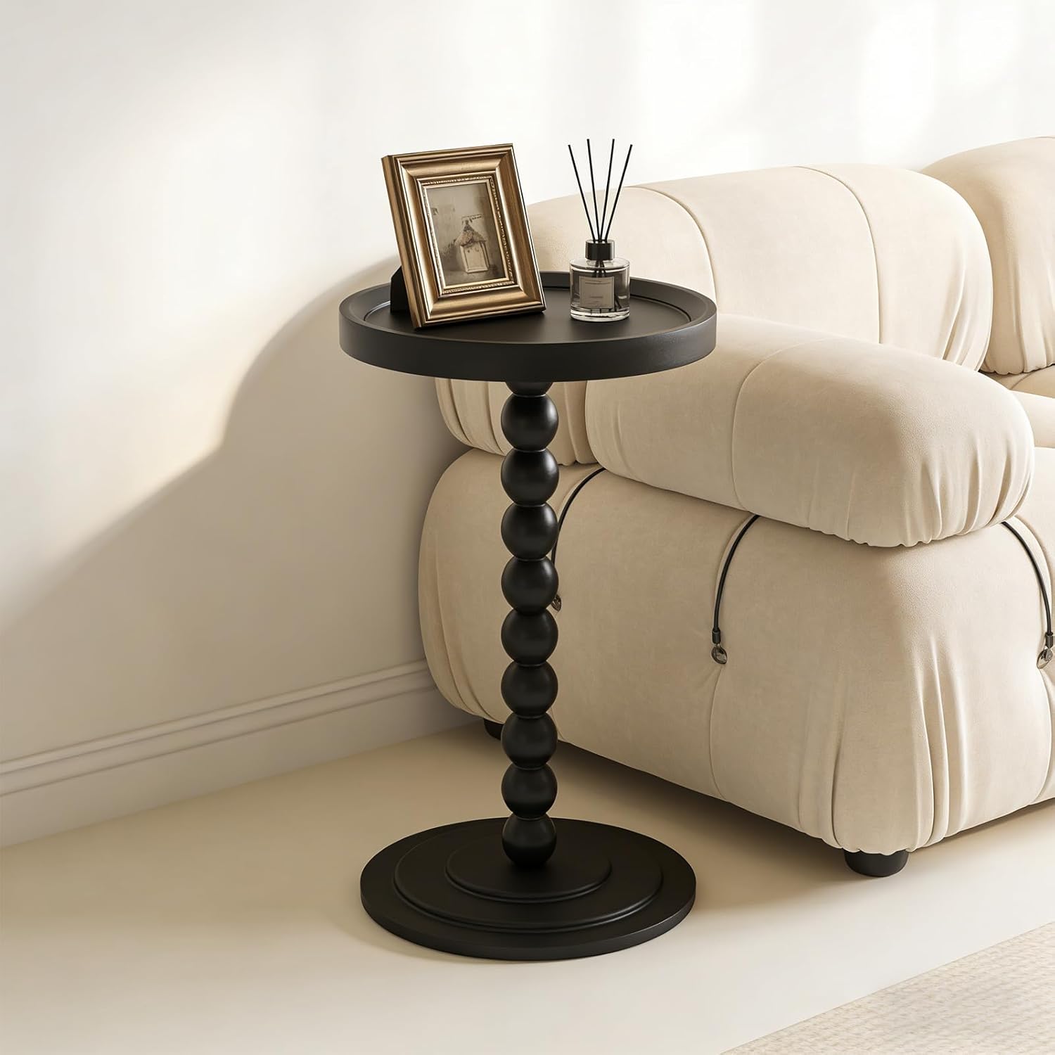 Small Round Side Table, Drink Tables for Small Spaces, Pedestal Side Table with Solid Wood Leg, Modern Accent End Table for Living Room, Mini Coffee Table, Balcony, Easy Assembly (Black)