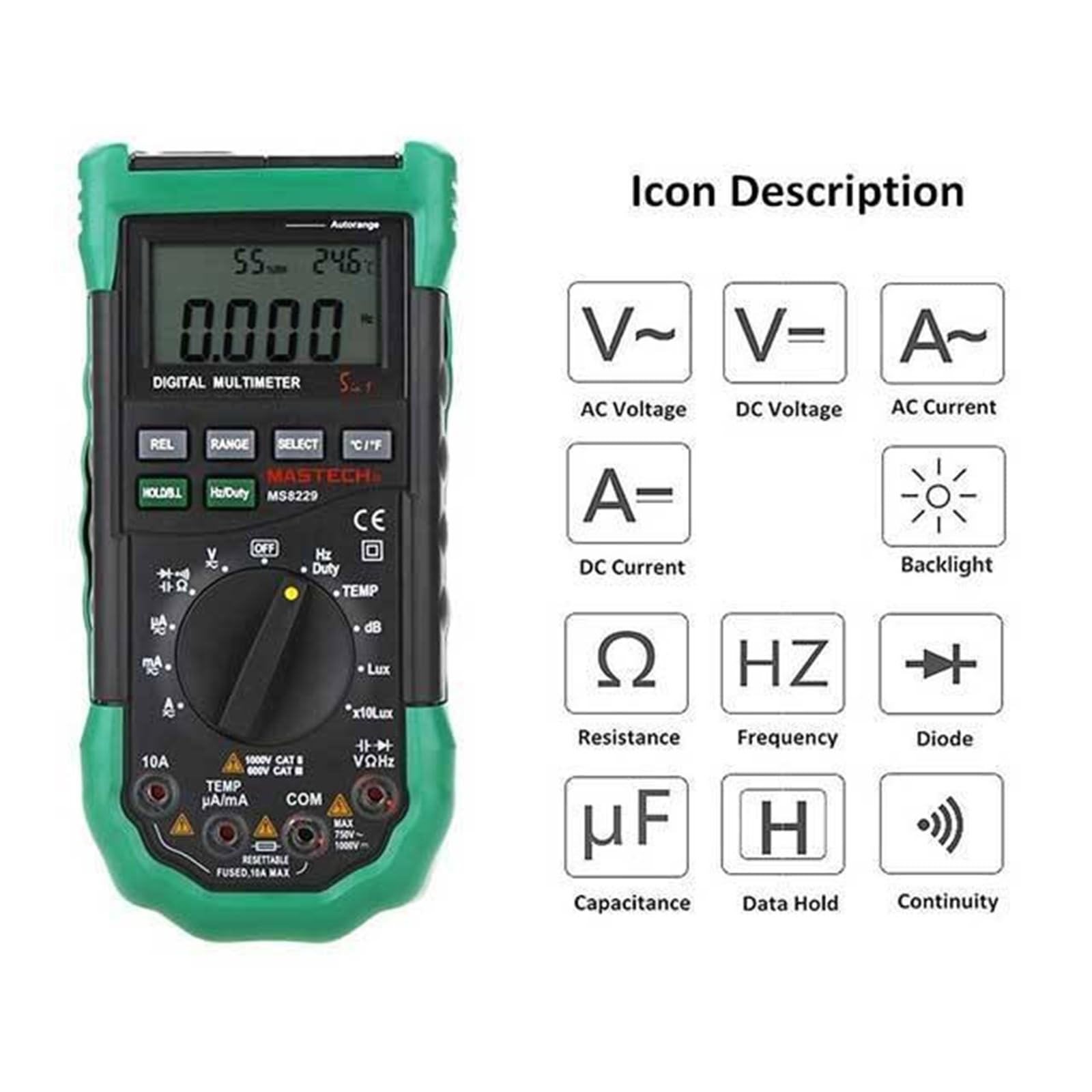 Multimetro digitale 5 in 1, tester auto-range per tensione AC DC, lux, livello sonoro, temperatura, umidità con display retroilluminato, ideale per riparazioni elettriche fai da te