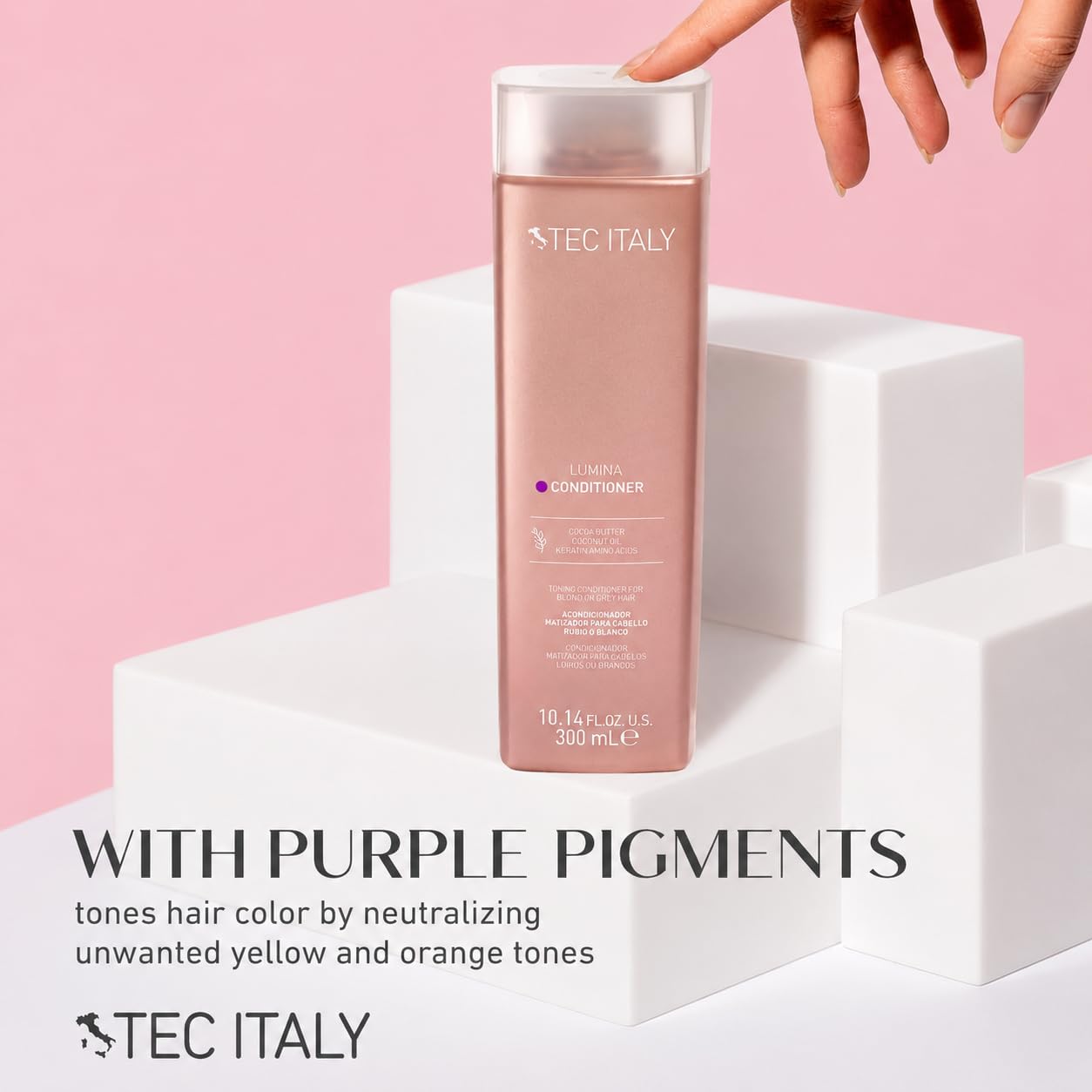 Tec Italy Lumina Conditioner Purple Toning for Blonde Gray & Bleached Hair, Neutralizes Yellow Tones, Enhances Shine & Softness, UV Color Protection Moisturizing Formula, 10.14 fl oz (300 ml)
