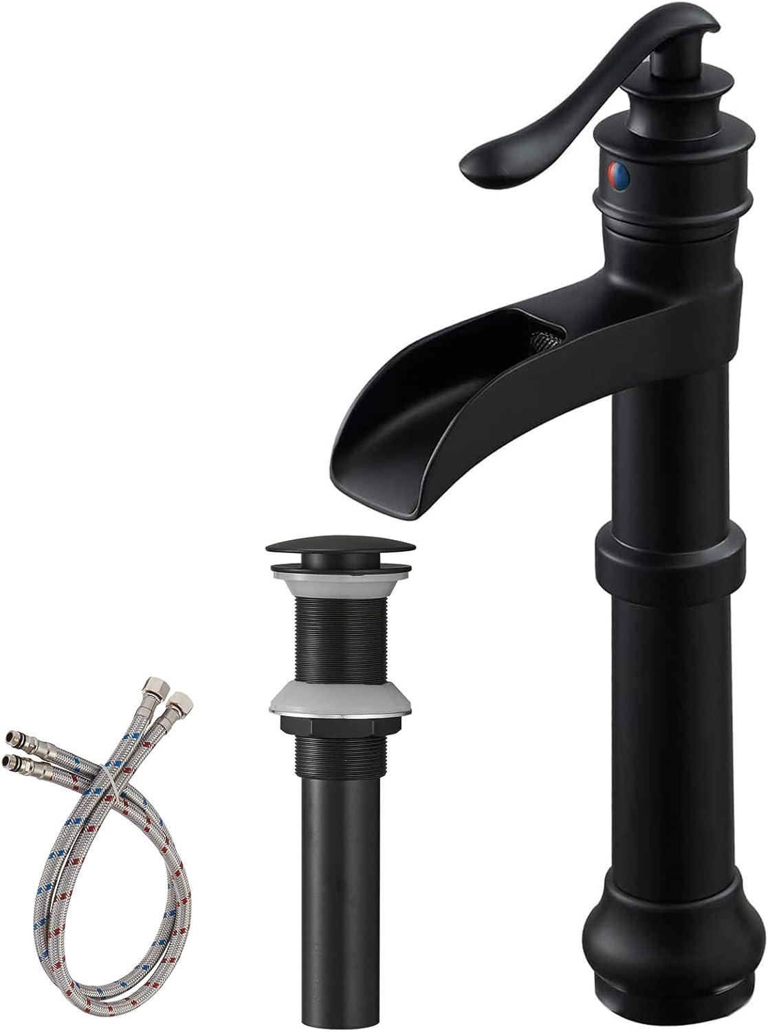 Matte Black Vessel Sink Faucet Waterfall with Pop Up Drain Assembly and Single-Handle Hole Supply Hose Vanity Lavatory Bathroom Faucet Mixer Tap