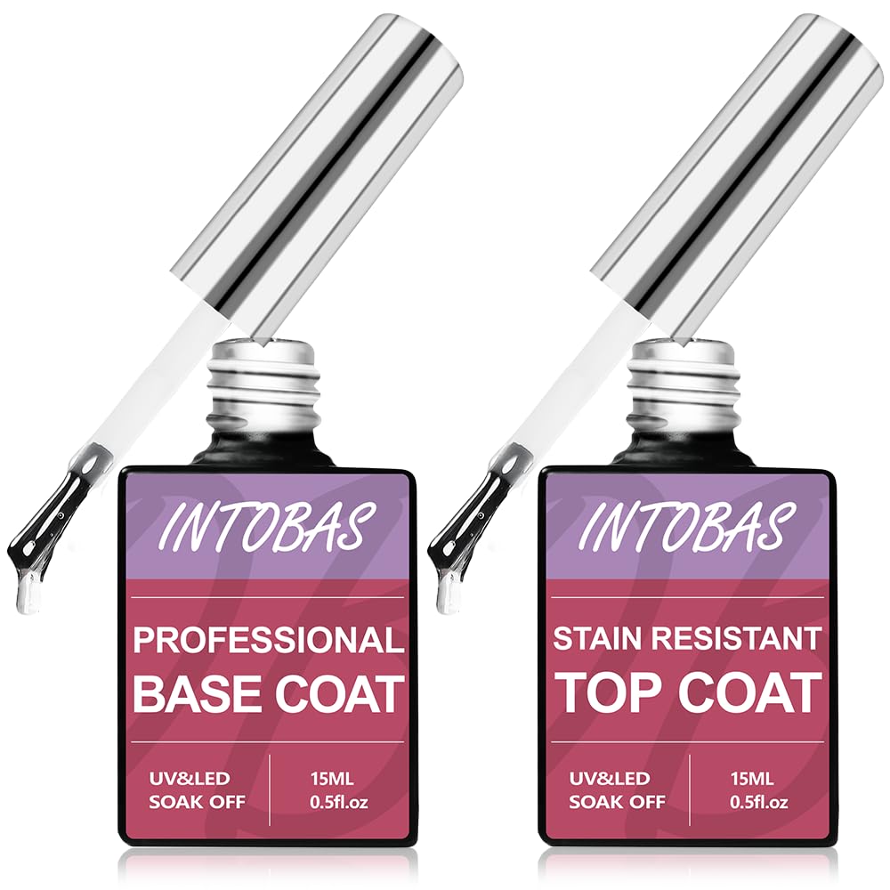INTOBAS Base et Top Coat Vernis Semi Permanent 2*15ML, No Wipe Top Coat et Base Coat Semi Permanent Kit, Vernis à Ongles Soak-Off UV/LED Gel Semi-Permanent Manucure, Longue Durée, Adapté Au Nail Art
