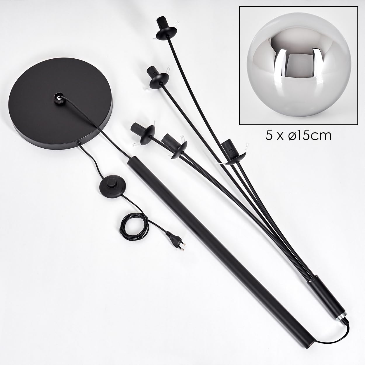 HOFSTEIN Stehleuchte Gastor, Stehlampe aus Metall/Glas in Schwarz/Chrom/Rauch, Leuchte im Vintage-Design mit Glasschirmen Ø 15 cm u. Fußschalter, 169 cm, E14, Wohnzimmer, Schlafzimmer, Esszimmer