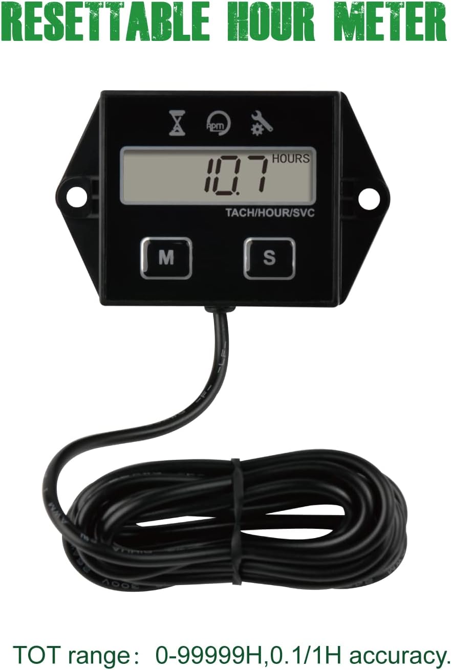 Yooreal Digital Inductive Tach Hour Meter,RPM Gauge Meter Tachometer for Lawn Mower Scooter Dirt Bike Tractor Generator Air Compressor Marine Motorcycle Snowblower Pressure Washer