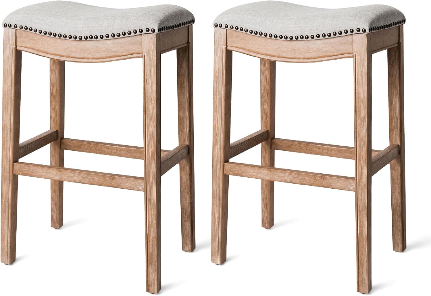 Maven Lane Adrien Backless Bar Stool – Set of 2 – 31 Inch Saddle Seat with Footrest – Brown Solid Wood Frame & Natural Fabric Upholstery – Ideal for