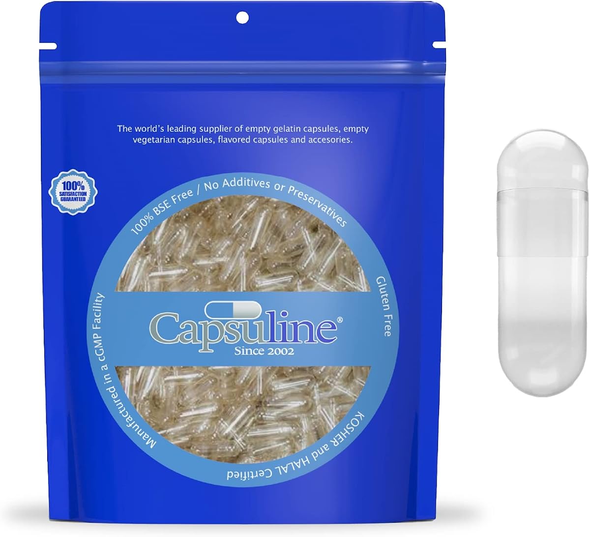 Capsuline Size 000 Empty Gelatin Capsules, Clear - 500 Count | Gluten Free, Kosher, Non-GMO Certified | Pure Bovine Pill Caps for DIY Supplement Filling