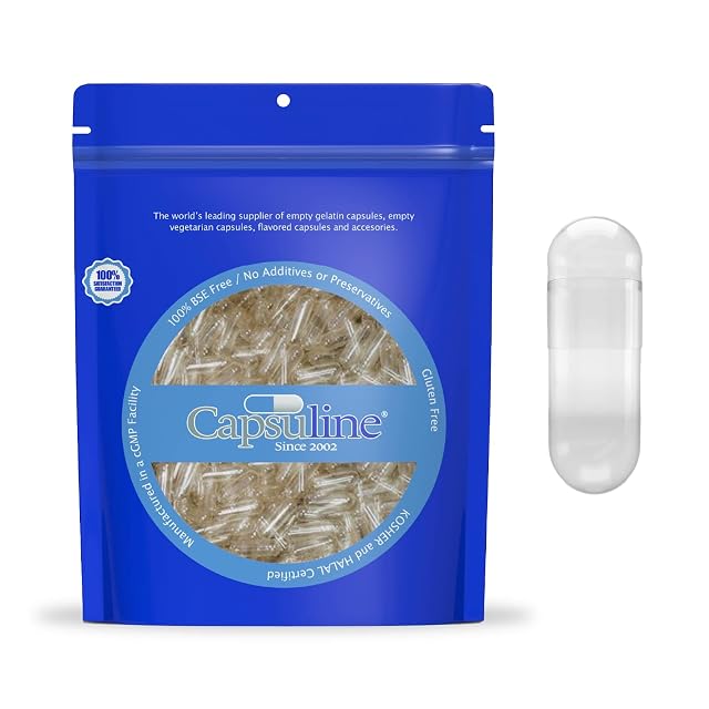 Capsuline Size 0 Empty Gelatin Capsules Clear - 100 Count Gluten Free Kosher Non-GMO Certified Pure Bovine Pill